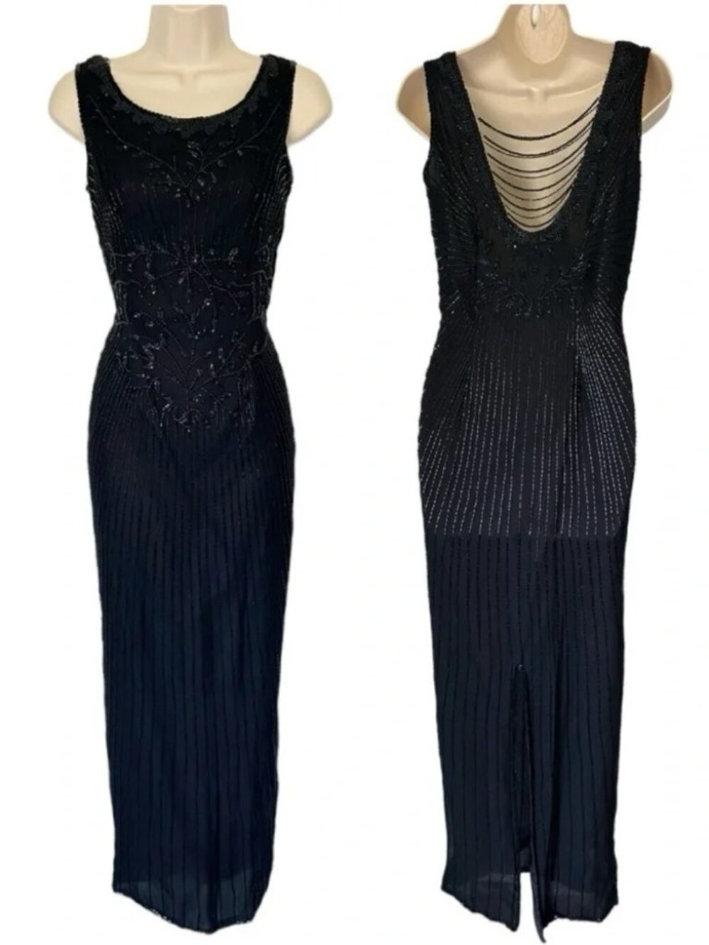Stenay Vintage Black Silk Beaded Dress Open Back with Draped Beads